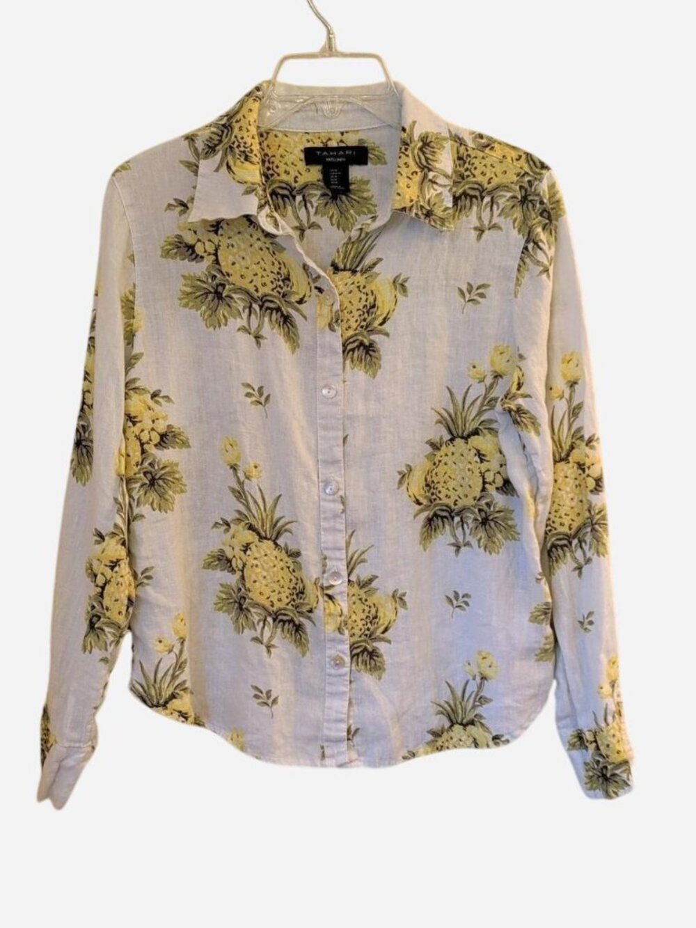 Tahari White Linen Button-Up Shirt with Yellow Pineapple Print | Size M